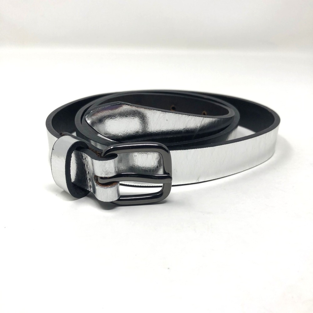 Club Monaco Leather Waist Belt Womens Small Silver Skinny Fashion Retro Y2K 90s